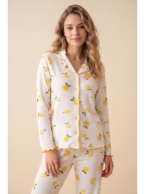 Cotonhause Kadın Uzun Kol Önden Düğmeli Raporlu Interlok Limon Ekru Pijama Takımı C6T2N48
