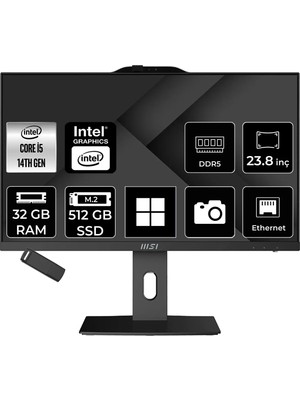 MSI Msı Pro AP242P Intel Core I5 14400 32GB Ram 512GB SSD UHD Graphics 23.8" Full Hd (1920X1080) WIN11 Pro 14M-649XEUP520 Siyah All In One Bilgisayar + Per4 USB Bellek