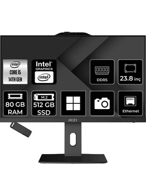 MSI Msı Pro AP242P Intel Core I5 14400 80GB Ram 512GB SSD UHD Graphics 23.8" Full Hd (1920X1080) WIN11 Pro 14M-649XEUP544 Siyah All In One Bilgisayar + Per4 USB Bellek