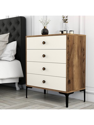 Variant Mobilya 4 Çekmeceli Lizbon Şifonyer Ceviz Krem Renk Modern Tasarım 76x40x91 cm