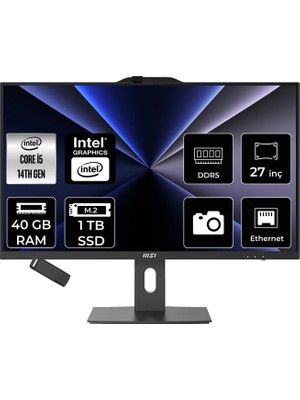 MSI Msı Pro AP272P Intel Core I5 14400 40GB Ram 1tb SSD UHD Graphics 27" Full Hd (1920X1080) Freedos 14M-867XEUP327 Siyah All In One Bilgisayar + Per4 USB Bellek