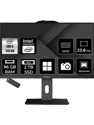 MSI Msı Pro AP242P Intel Core I5 14400 96GB Ram 2tb SSD UHD Graphics 23.8" Full Hd (1920X1080) WIN11 Pro 14M-649XEUP552 Siyah All In One Bilgisayar + Per4 USB Bellek