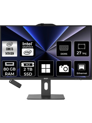 MSI Msı Pro AP272P Intel Core I5 14400 80GB Ram 2tb SSD UHD Graphics 27" Full Hd (1920X1080) WIN11 Home 14M-867XEUP446 Siyah All In One Bilgisayar + Per4 USB Bellek