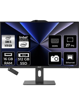 MSI Msı Pro AP272P Intel Core I5 14400 16GB Ram 512GB SSD UHD Graphics 27" Full Hd (1920X1080) Freedos 14M-867XEUP308 Siyah All In One Bilgisayar + Per4 USB Bellek