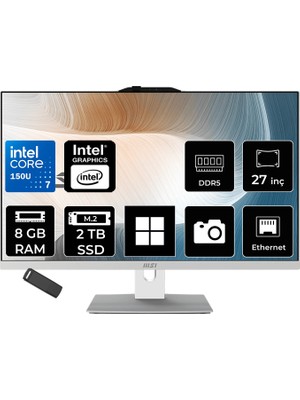MSI Msı Modern AM272P Intel Core 7 150U 8gb Ram 2tb SSD Intel Graphics 27" Full Hd (1920X1080) WIN11 Home 1M-1095XEUP404 Beyaz All In One Bilgisayar + Per4 USB Bellek
