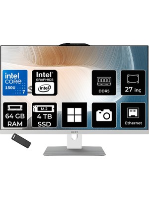 MSI Msı Modern AM272P Intel Core 7 150U 64GB Ram 4tb SSD Intel Graphics 27" Full Hd (1920X1080) WIN11 Pro 1M-1095XEUP541 Beyaz All In One Bilgisayar + Per4 USB Bellek