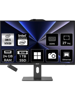 MSI Msı Pro AP272P Intel Core I5 14400 24GB Ram 1tb SSD UHD Graphics 27" Full Hd (1920X1080) WIN11 Pro 14M-867XEUP515 Siyah All In One Bilgisayar + Per4 USB Bellek