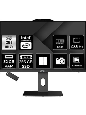 MSI Msı Pro AP242P Intel Core I5 14400 32GB Ram 256GB SSD UHD Graphics 23.8" Full Hd (1920X1080) WIN11 Pro 14M-649XEUP519 Siyah All In One Bilgisayar + Per4 USB Bellek