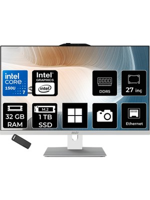 MSI Msı Modern AM272P Intel Core 7 150U 32GB Ram 1tb SSD Intel Graphics 27" Full Hd (1920X1080) WIN11 Pro 1M-1095XEUP521 Beyaz All In One Bilgisayar + Per4 USB Bellek