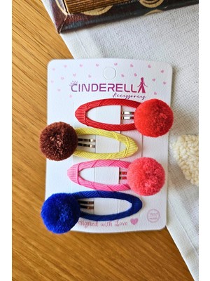 Cinderella 4'lü Canlı Renkli Ponponlu Kız Çocuk Çıtçıtlı Toka Seti - Yumuşak Çıt Çıt Klipsli Yan Saç Tokası