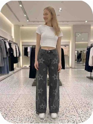 FDN Kadın Siyah Yıldız Taş Desenli Yüksek Bel Wide Leg Salaş Kot Pantolon