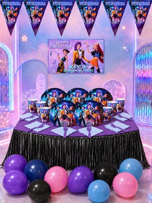 snowparty 32 Kişilik Kpop K-Pop Demon Hunters Temalı Afişli Masa Etekli Doğum Günü Parti Süsleri Seti