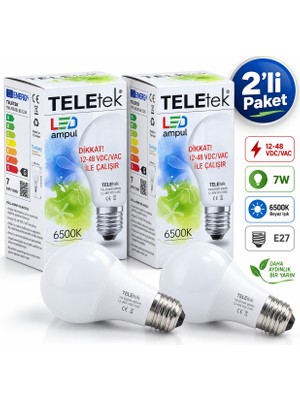 Teletek  12-48 Vdc/vac 7W LED Ampul E27 6500K Beyaz Işık 2'li Paket – Karavan, Tekne, Akü ve Güneş Enerjisi Sistemleri Için
