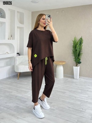 Civetta Kadın Kısa Kollu Bisiklet Yaka Viskon Iki Iplik Bluz ve Pantolon Ikili Takım Kahve