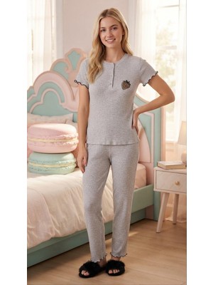 Sevim 15738 Teenage Gri Simli Çilekli Fitilli Yarım Düğmeli Pijama Takım
