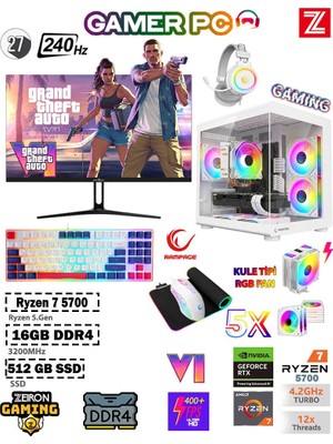 Zeiron Damage X20 Ryzen 7 5700 16GB DDR4 RAM 512GB SSD⚡RTX3050⚡27" 240Hz Kule Tipi Fan Beyaz Oyuncu Masaüstü Bilgisayar