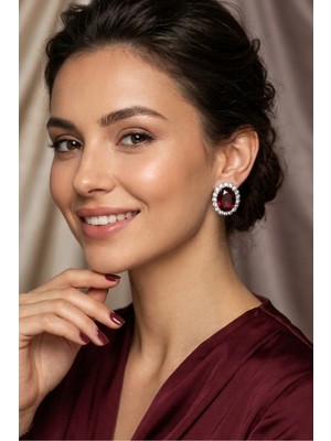 BB Bridal Boutique Taşlı Küpe Choker Tasma Gümüş Kaplama Kına Küpe Abiye Küpe Oval Küpe 2,5 cm