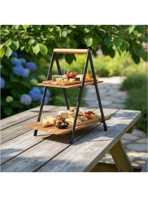 Astera 2 Katlı Akasya Ahşap Siyah Metal Meyvelik Sunum Standı 16X26.5X34 cm