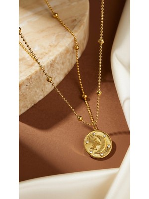 Dore Collection Kadın Gold Zirkon Taşlı Ay Yıldız Madalyon Kolye Boncuk Zincir