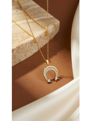 Dore Collection Zirkon Taş Detaylı Hilal - Gold Renkli Paslanmaz Çelik Kolye