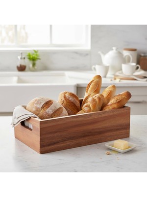 Astera Akasya Ahşap Kulplu Ekmeklik ve Organizer Kutu Tepsi 25X14X8 cm
