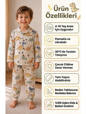 Aden Kids  Erkek Çocuk Dinazorlar Basklı Gömlek Yaka Düğmeli Pijama Takımı