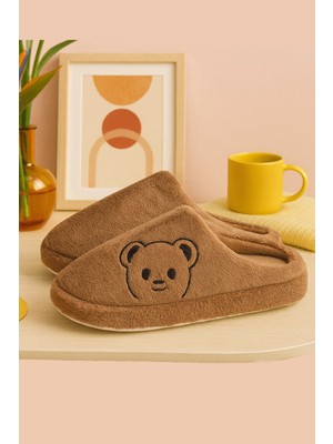 ModaFrato Fluffy Ayıcık Desenli Kadın Ev Terliği Kışlık Yünlü Terlik Ses Yapmayan Içi Yünlü Günlük Rahat Terlik