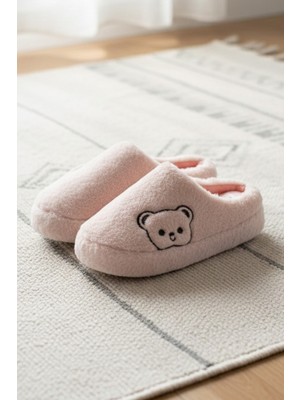 ModaFrato Fluffy Ayıcık Desenli Kadın Ev Terliği Kışlık Yünlü Terlik Ses Yapmayan Içi Yünlü Günlük Rahat Terlik