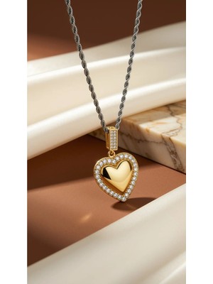 Dore Collection Çelik Gold Zirkon Taş Çerçeveli Bombeli Kalp Kolye Burgu Zincir