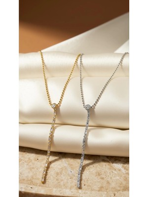 Dore Collection 316L Paslanmaz Çelik Kararmaz Baget Zirkon Taşlı Sallantılı Y Kolye Kadın Top Zincir