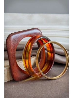 Dore Collection Kadın 3'lü Ahşap ve Kehribar Görünümlü Çoklu Bilezik Seti - Gold Detaylı Akrilik Bangle Kombin