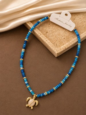 Dore Collection Mavi - Kaplumbağa Detaylı Şans Kolyesi