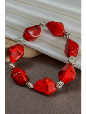 Dore Collection Kırmızı Havlit (Içsel Denge) Ay Yıldız Aparatlı Kırık Kesim Doğal Taş Bileklik