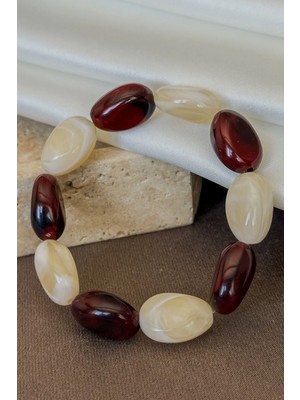 Dore Collection Bordo Keem Akik Doğal Taş Stres Bilekliği Esnek Lastikli Oval Yassı Kesim Renkli Kombin
