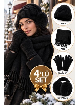 Wearflawless Kadın 4'lü Kışlık Set, Bere, Atkı, Eldiven, Kulaklık, Sıcak Yumuşak Kış Aksesuar Hediye Seti