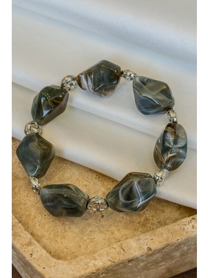 Dore Collection Akik Doğal Taş Denge Bilekliği Metal Aparatlı Kırık Kemik Kesim Galaksi Grisi