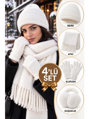 Wearflawless Kadın 4'lü Kışlık Set, Bere, Atkı, Eldiven, Kulaklık, Sıcak Yumuşak Kış Aksesuar Hediye Seti