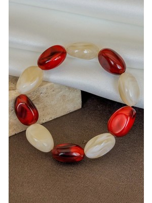 Dore Collection Akik Doğal Taş Stres Bilekliği Esnek Lastikli Oval Yassı Kesim Kırmızı Krem Kombin
