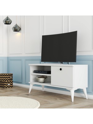 Mezza 1554 Retro Beyaz Tv Ünitesi 90 cm Modern Tasarım Suntalam Malzeme ile Minimalist