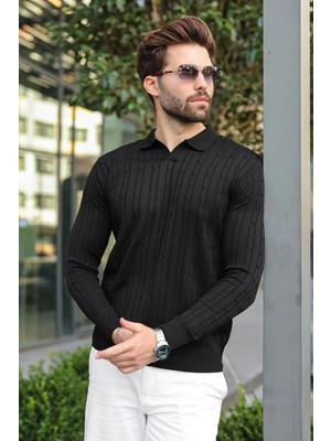 Madmext Siyah Polo Yaka Saç Örgü Desenli Erkek Triko Kazak E7519