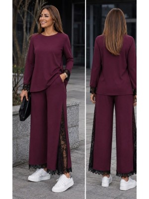 Moda Loris Kadın Uzun Kollu Bisiklet Yakalı Dantel Detaylı Viskon Iki Iplik Bluz ve Pantolon Ikili Takım