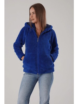 Kozz Style Saksmavi Kapşonlu Peluş Ceket Hırka