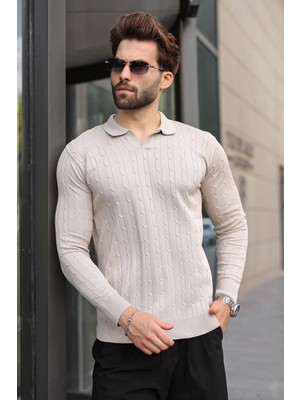 Madmext Taş Polo Yaka Saç Örgü Desenli Erkek Triko Kazak E7519