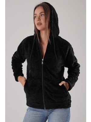 Kozz Style Siyah Kapşonlu Peluş Ceket Hırka