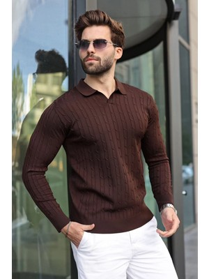 Madmext Kahverengi Polo Yaka Saç Örgü Desenli Erkek Triko Kazak E7519