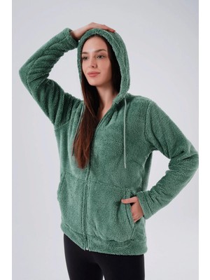 Kozz Style Zümrütyeşili Kapşonlu Peluş Ceket Hırka