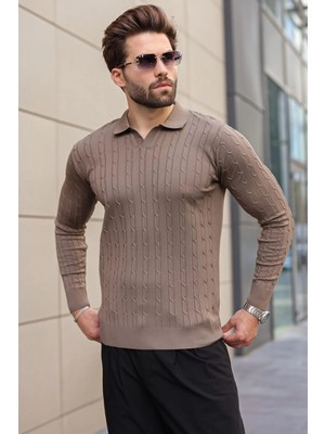 Madmext Açık Kahverengi Polo Yaka Saç Örgü Desenli Erkek Triko Kazak E7519