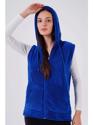 Kozz Style Saksmavi Kapşonlu Fermuarlı Peluş Yelek