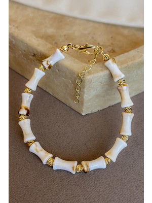 Dore Collection Krem Kemik Boncuklu Bileklik - Gold Dorika Detaylı Bambu Form Ayarlanabilir Zincirli