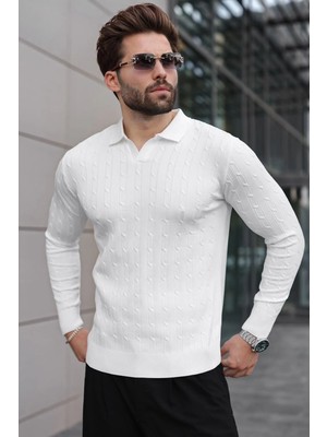 Madmext Beyaz Polo Yaka Saç Örgü Desenli Erkek Triko Kazak E7519